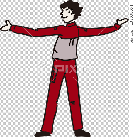 Illustration of a male worker in a red uniform facing backwards with his arms outstretched Illustration of a male worker in a red uniform facing backwards with his arms outstretched 135039051