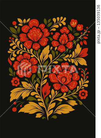 Vector national decorative floral card. Slavic tracery ornament with red flowers on a black background 135039136