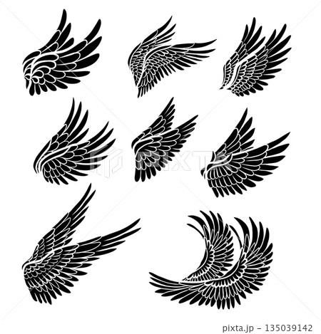 Vector set of black monochrome bird wings. Collection of monochrome angel clip arts wings isolated of the background. Vector set of black monochrome bird wings. Collection of monochrome angel clip arts wings isolated of the background. 135039142