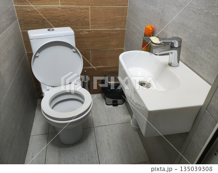 Modern toilet and sink in small bathroom with wood-look and grey tile walls, white sanitary ware, chrome fixtures, essential hygiene items 135039308