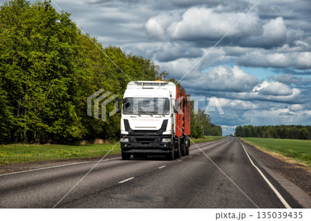 White semi-truck transports timber. Asphalt highway, rural landscape. Lush green forest borders road. Cloudy sky above. Heavy cargo transportation scene. 135039435