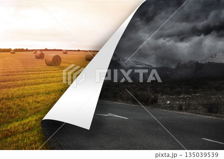 Stormy background over sunny landscape background Stormy background over sunny landscape background 135039539