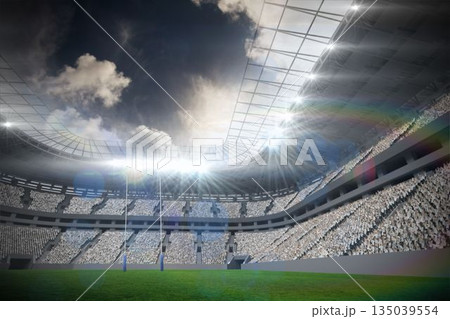 Flat design stadium crowd scene is showing rugby posts, green field and steel roof with floodlights 135039554