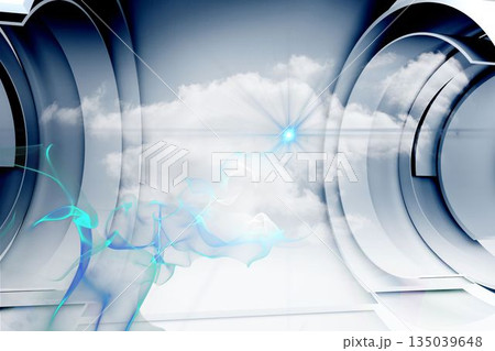 Cloud is glowing in portal with blue star light hovering blue-green wisps, framing metal rings Cloud is glowing in portal with blue star light hovering blue-green wisps, framing metal rings 135039648
