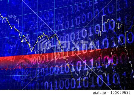 Market visual is showing in flat design with colored bands, binary code, line charts, bar charts Market visual is showing in flat design with colored bands, binary code, line charts, bar charts 135039655