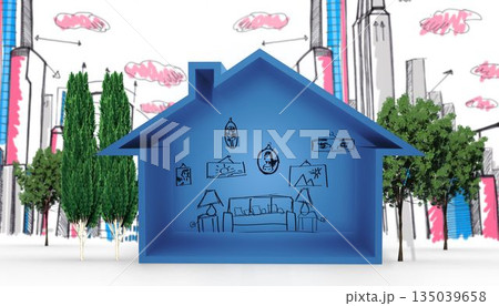 Blue house against trees and skyline Blue house against trees and skyline 135039658