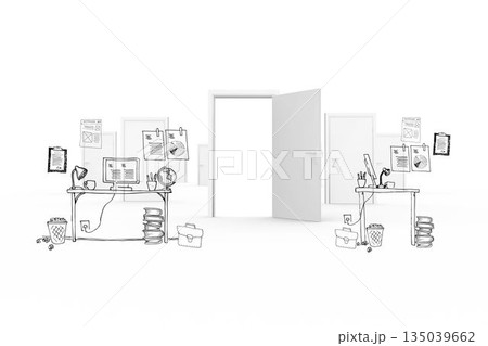 Minimalist line-art office scene is depicting open doorway flanked by desks with lamps Minimalist line-art office scene is depicting open doorway flanked by desks with lamps 135039662