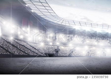 Empty field is being shown in flat design stadium with curved roof trusses and bright floodlights 135039730
