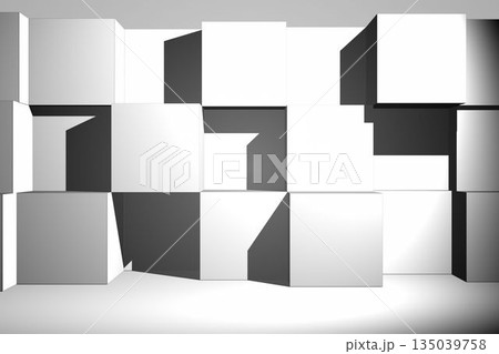3D render is showing white cubes forming geometric grid in minimalist studio casting sharp shadows 3D render is showing white cubes forming geometric grid in minimalist studio casting sharp shadows 135039758