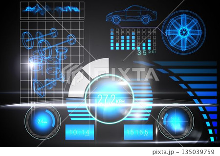 Futuristic automotive HUD is showing speedometer, tachometer, compass, pressure chart, copy space Futuristic automotive HUD is showing speedometer, tachometer, compass, pressure chart, copy space 135039759