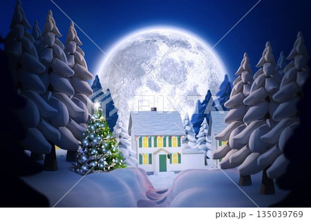 Flat design is featuring cottage with lighted Christmas tree under full moon in snowy pine forest 135039769