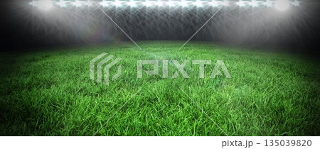Flat design showing green grass turf glowing under row of floodlights in open-air night stadium Flat design showing green grass turf glowing under row of floodlights in open-air night stadium 135039820