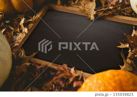 Black screen surrounded by brown leaf and pumpkin 135039825