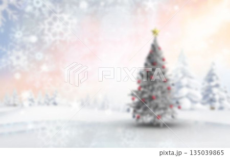 Flat design evergreen tree is standing in snowy field with red baubles, glowing star, snowflakes Flat design evergreen tree is standing in snowy field with red baubles, glowing star, snowflakes 135039865