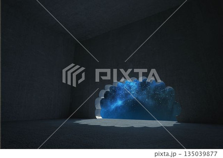 Flat design is showing scalloped portal revealing starry nebula in dark concrete chamber with glow Flat design is showing scalloped portal revealing starry nebula in dark concrete chamber with glow 135039877