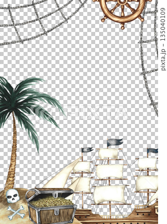 Treasure Island frame. Hand-drawn watercolor illustrations. A pirate ship, a chest of gold coins on an island under a palm tree, and other maritime elements. For postcards, posters, flyers, and more. Treasure Island frame. Hand-drawn watercolor illustrations. A pirate ship, a chest of gold coins on an island under a palm tree, and other maritime elements. For postcards, posters, flyers, and more. 135040109