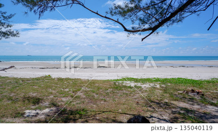 Panoramic View of White Sand Beach and Blue Sea in Sungailiat Panoramic View of White Sand Beach and Blue Sea in Sungailiat 135040119