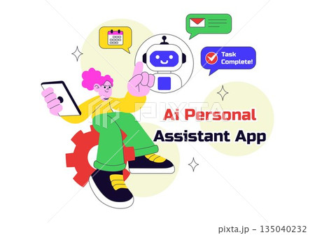AI Personal Assistant App Vector Illustration Featuring Smart Digital Assistant Interface, Modern Mobile Technology, and Intelligent Automation 135040232