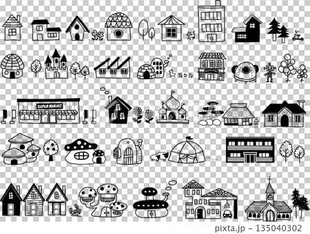 Hand-drawn illustrations of various houses (monochrome) 135040302