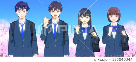 満開の桜を背景にしてリュックとスクールバッグを持つ高校生または中学生の男女のアニメ風イラスト 満開の桜を背景にしてリュックとスクールバッグを持つ高校生または中学生の男女のアニメ風イラスト 135040344