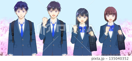 満開の桜を背景にしてリュックとスクールバッグを持つ高校生または中学生の男女のアニメ風イラスト 満開の桜を背景にしてリュックとスクールバッグを持つ高校生または中学生の男女のアニメ風イラスト 135040352