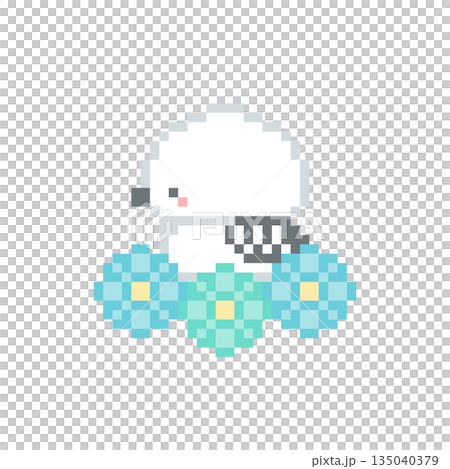Light blue flowers and a pixelated picture of a long-tailed tit Light blue flowers and a pixelated picture of a long-tailed tit 135040379