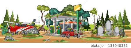 Rural Forest Gas Station With Airplane And Truck Rural Forest Gas Station With Airplane And Truck 135040381