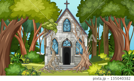 Old Stone Chapel Overtaken by Forest Trees 135040382