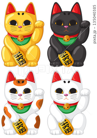 Four Maneki Neko Cats in Different Colors Waving Paw 135040385