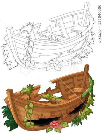 Abandoned Wooden Boat Overgrown with Greenery Vector Illustration 135040386