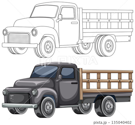 Vintage Flatbed Truck Vector Illustration with Outline and Color Vintage Flatbed Truck Vector Illustration with Outline and Color 135040402