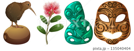 New Zealand Icons: Kiwi Bird, Pohutukawa, Tiki, Maori Mask New Zealand Icons: Kiwi Bird, Pohutukawa, Tiki, Maori Mask 135040404