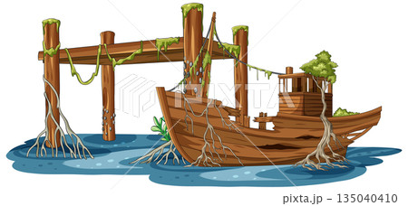 Abandoned Wooden Boat Entangled in Mangrove Roots at Pier Abandoned Wooden Boat Entangled in Mangrove Roots at Pier 135040410