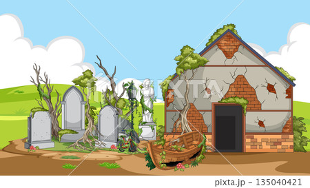 Abandoned Cemetery and Ruined House Overgrown with Vegetation Abandoned Cemetery and Ruined House Overgrown with Vegetation 135040421