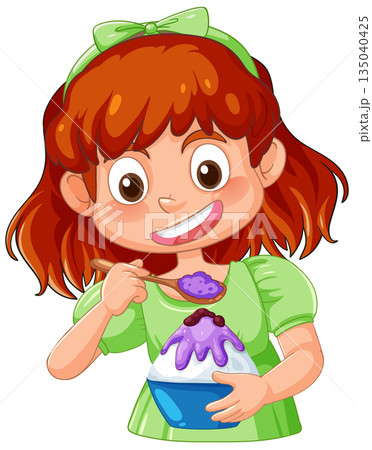 Smiling Girl Eating Shaved Ice Dessert with Spoon 135040425