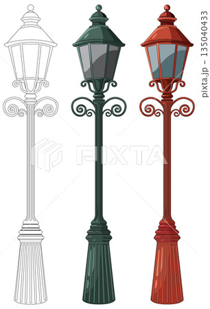Vintage Street Lamp Vector Illustration in Three Color Variations Vintage Street Lamp Vector Illustration in Three Color Variations 135040433