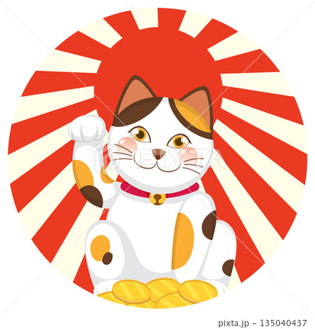 Calico Maneki Neko Cat with Raised Paw and Gold Coins 135040437