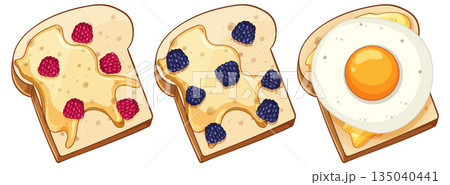 Three Slices of Toast with Fruit and Fried Egg 135040441