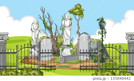 Overgrown Abandoned Cemetery with Weathered Angel Statues Overgrown Abandoned Cemetery with Weathered Angel Statues 135040442