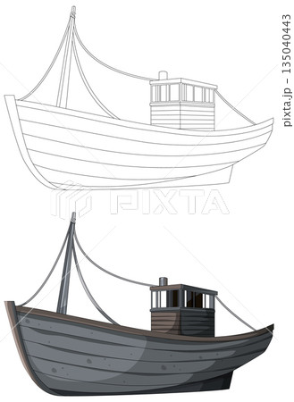 Wooden Fishing Boat Vector Line Art and Color Version Wooden Fishing Boat Vector Line Art and Color Version 135040443