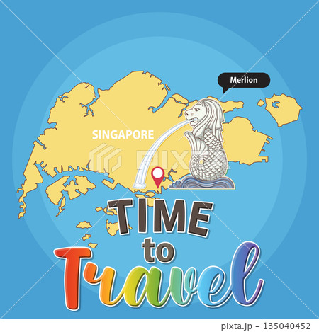 Colorful Singapore Travel Illustration with Merlion 135040452