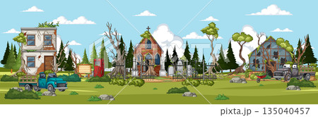 Abandoned Rural Village With Cemetery Under Bright Daytime Sky 135040457