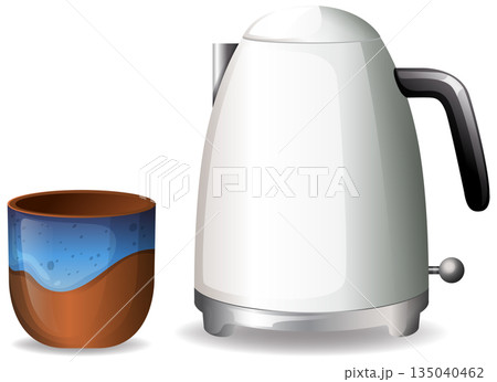 Electric Kettle and Ceramic Mug on White Background 135040462