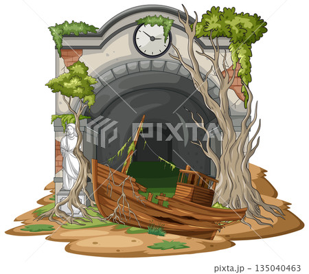 Abandoned Tunnel Entrance With Shipwreck and Overgrown Trees Abandoned Tunnel Entrance With Shipwreck and Overgrown Trees 135040463