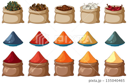 Assorted Middle Eastern Spices in Sacks and Piles Illustration 135040465
