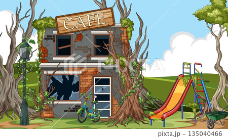 Abandoned Cafe and Overgrown Playground in Nature Abandoned Cafe and Overgrown Playground in Nature 135040466