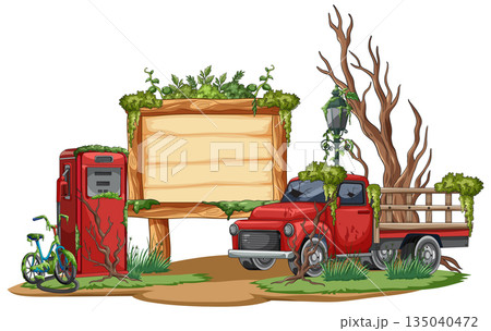 Abandoned Gas Station with Overgrown Vegetation and Old Truck 135040472