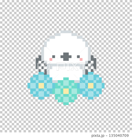 像素畫：一隻長尾山雀在淺藍色花朵的簇擁下歡呼雀躍 135040709