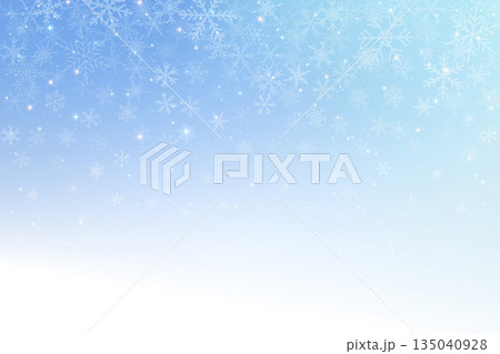 Snowy winter background with falling snowflakes. Light blue frosty sky with transparent texture. Christmas wallpaper with stars sparkles and white crystals. Vector holiday design Snowy winter background with falling snowflakes. Light blue frosty sky with transparent texture. Christmas wallpaper with stars sparkles and white crystals. Vector holiday design 135040928