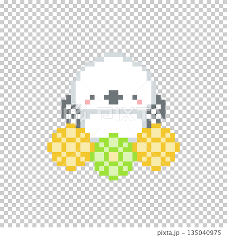 Pixel art of a long-tailed tit cheering with yellow and yellow-green flowers 135040975
